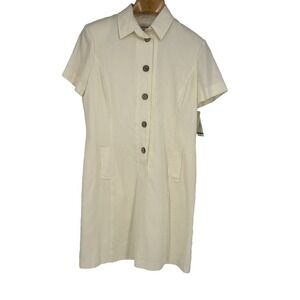 Vintage Oberon Women Linen Blend Shirt Dress 14 Ivory Lightweight Coastal Preppy